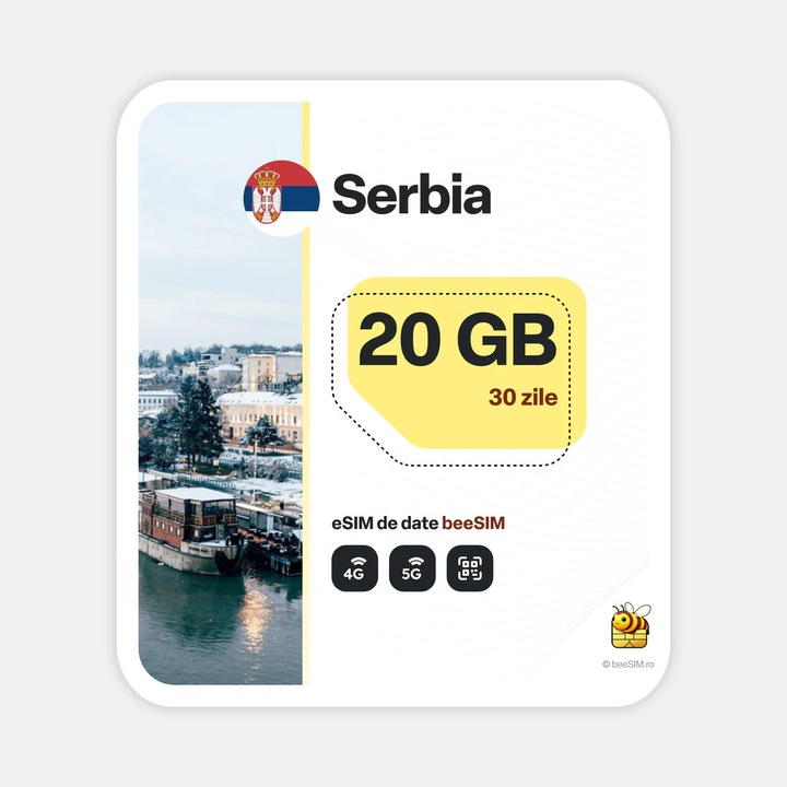 Cartela eSIM Internet, beeSIM, Serbia, 20GB, 30 zile