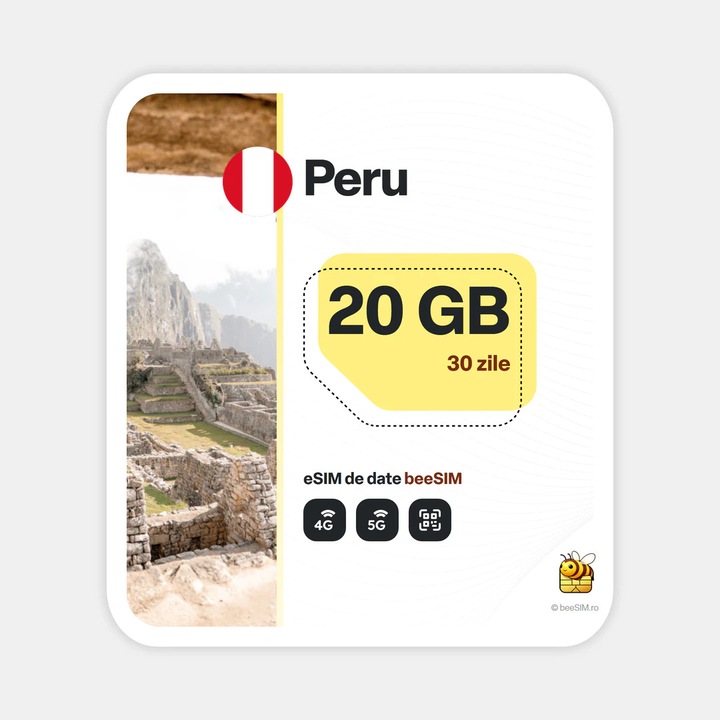 Cartela eSIM Internet, beeSIM, Peru, 20GB, 30 zile