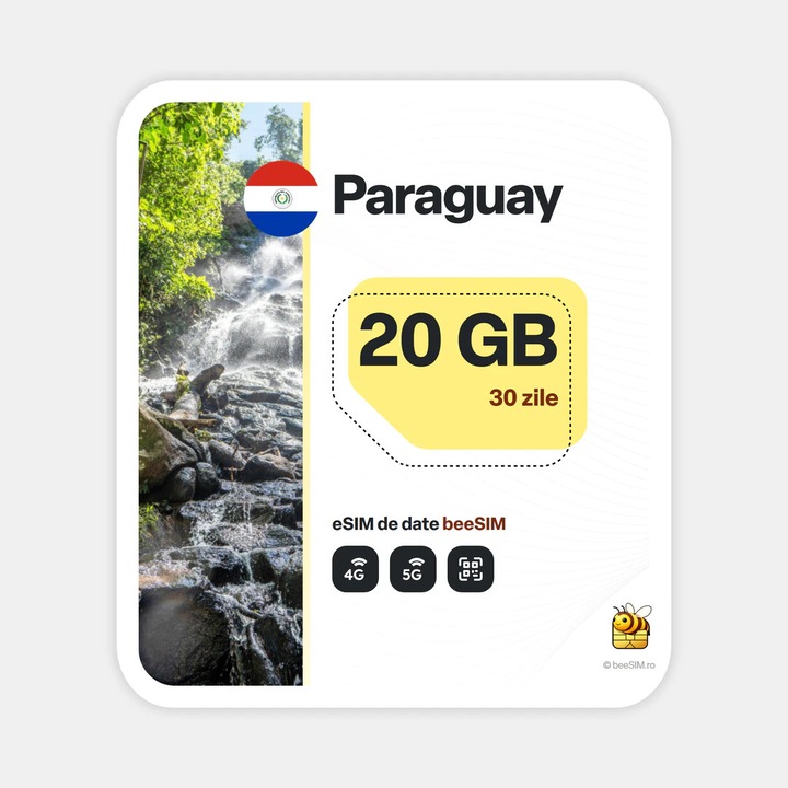 Cartela eSIM Internet, beeSIM, Paraguay, 20GB, 30 zile