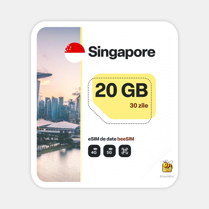 Cartela eSIM Internet, beeSIM, Singapore, 20GB, 30 zile