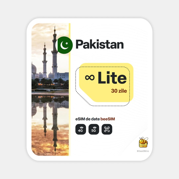 Cartela eSIM Internet, beeSIM, Pakistan, Nelimitat, 30 zile