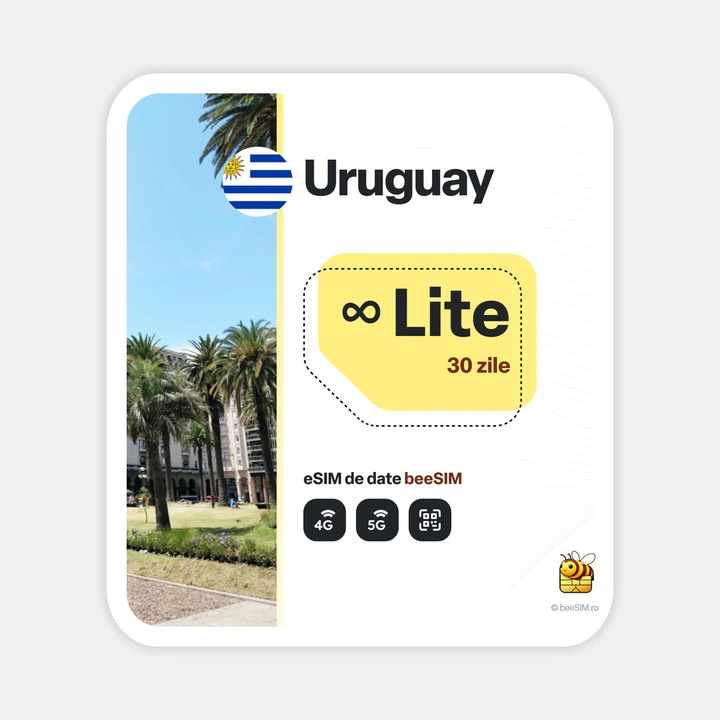 Cartela eSIM Internet, beeSIM, Uruguay, Nelimitat, 30 zile