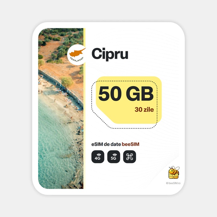 Cartela eSIM Internet, beeSIM, Cipru, 50GB, 30 zile