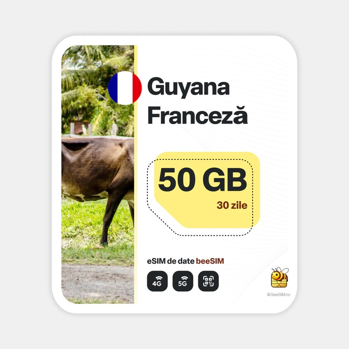 Cartela eSIM Internet, beeSIM, Guyana Franceza, 50GB, 30 zile