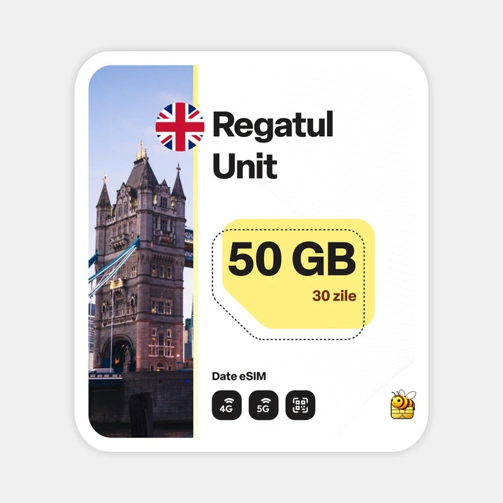 Cartela eSIM Internet, beeSIM, Regatul Unit, 50GB, 30 zile