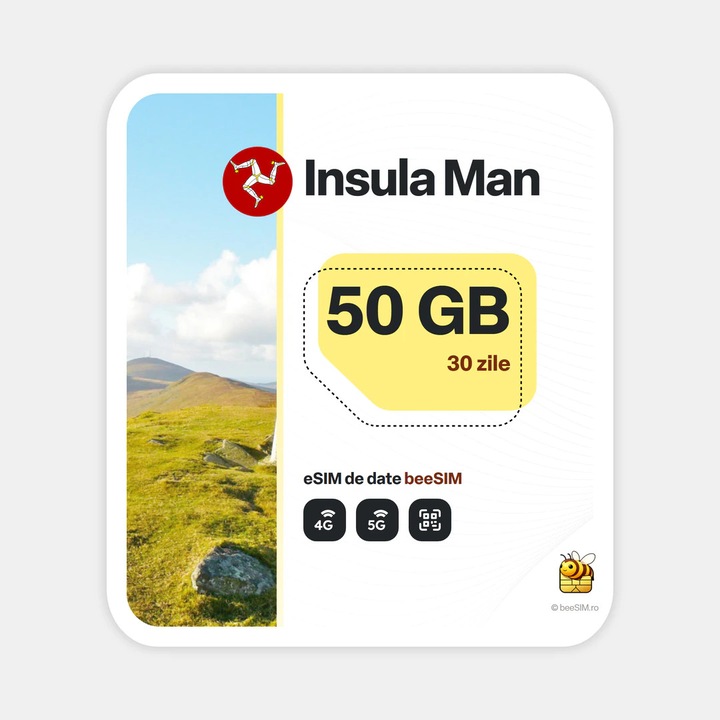 Cartela eSIM Internet, beeSIM, Insula Man, 50GB, 30 zile