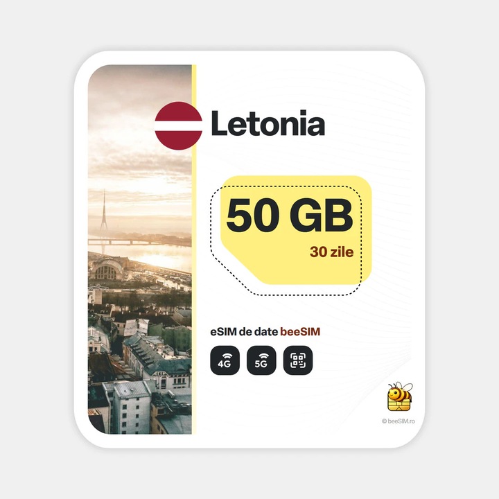 Cartela eSIM Internet, beeSIM, Letonia, 50GB, 30 zile