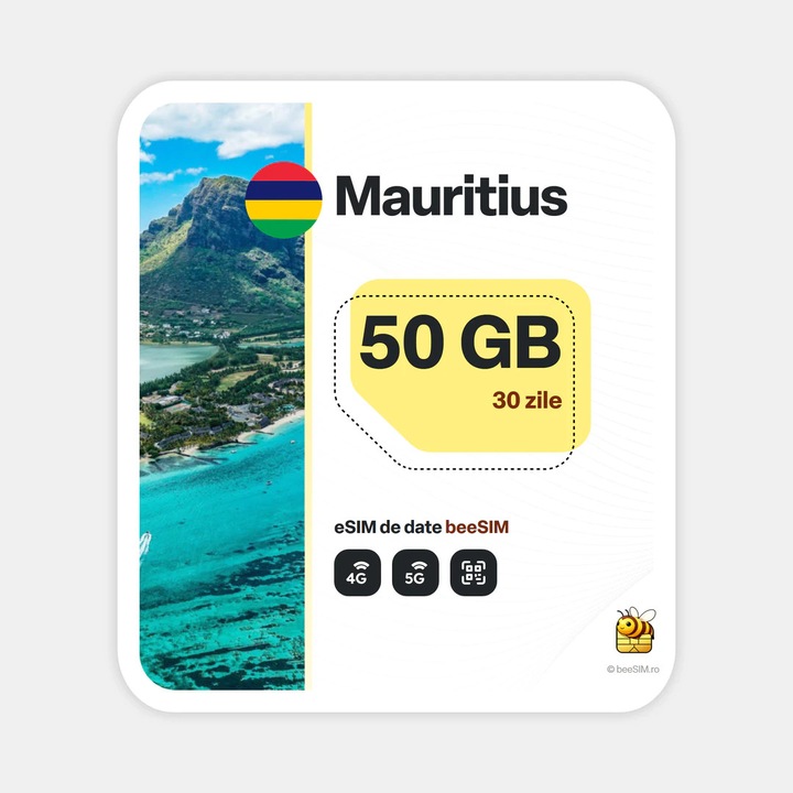 Cartela eSIM Internet, beeSIM, Mauritius, 50GB, 30 zile