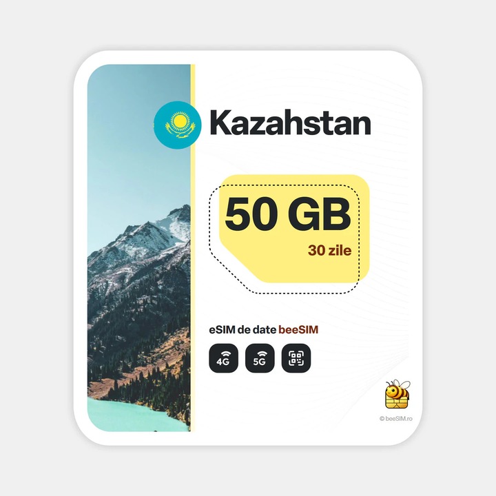 Cartela eSIM Internet, beeSIM, Kazahstan, 50GB, 30 zile