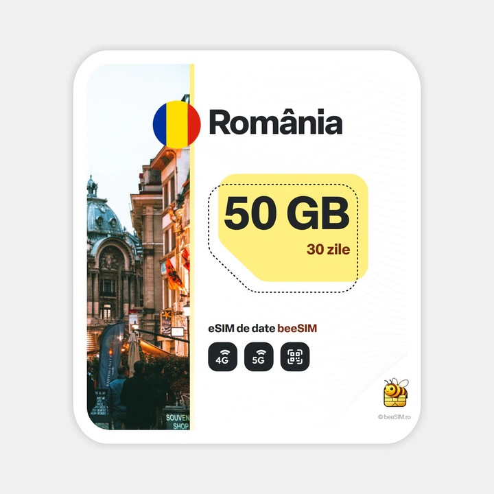 Cartela eSIM Internet, beeSIM, Romania, 50GB, 30 zile