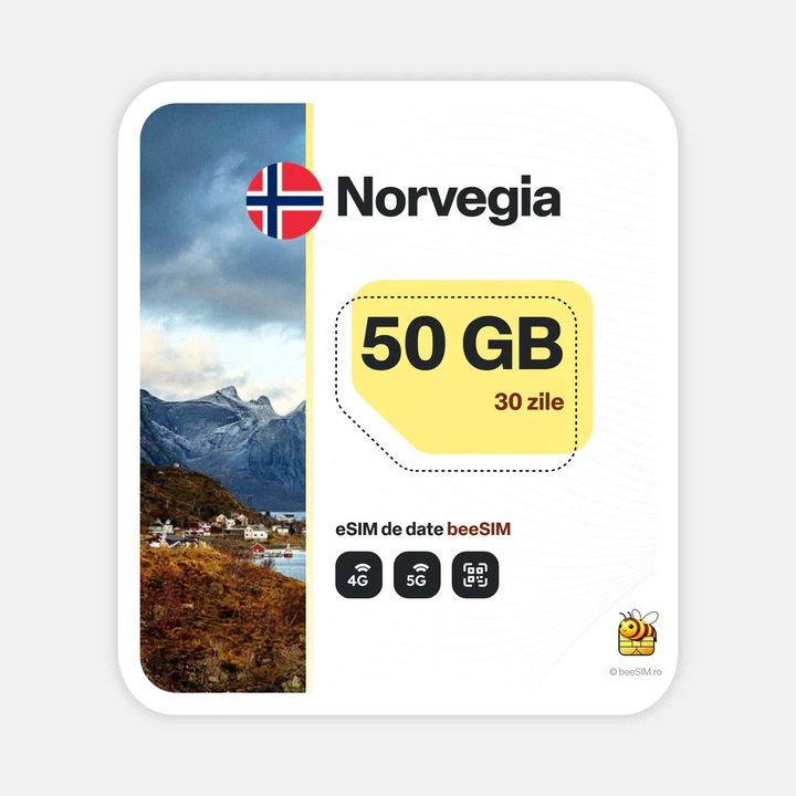 Cartela eSIM Internet, beeSIM, Norvegia, 50GB, 30 zile