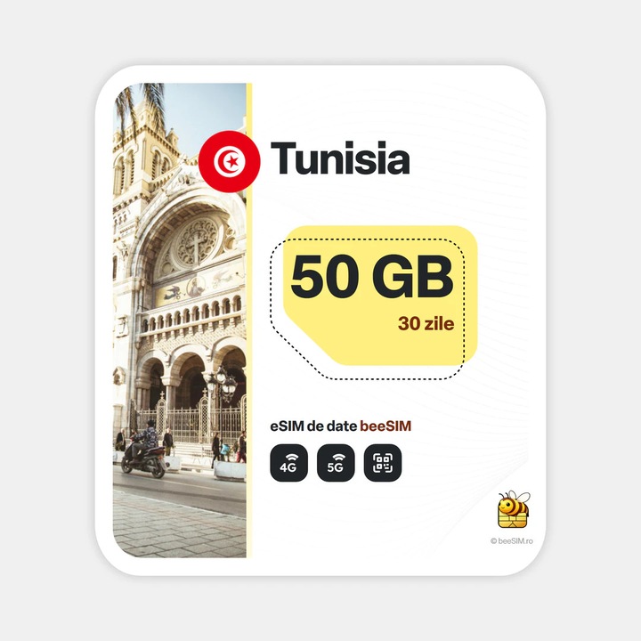 Cartela eSIM Internet, beeSIM, Tunisia, 50GB, 30 zile