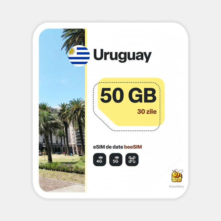 Cartela eSIM Internet, beeSIM, Uruguay, 50GB, 30 zile