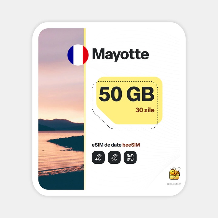 Cartela eSIM Internet, beeSIM, Mayotte, 50GB, 30 zile