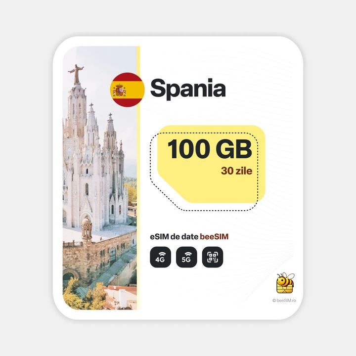 Cartela eSIM Internet, beeSIM, Spania, 100GB, 30 zile