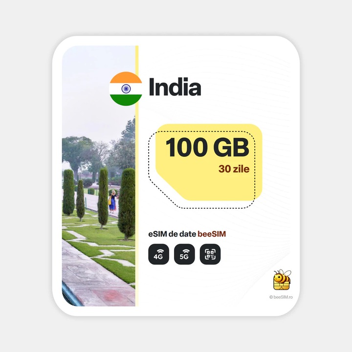 Cartela eSIM Internet, beeSIM, India, 100GB, 30 zile
