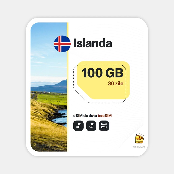 Cartela eSIM Internet, beeSIM, Islanda, 100GB, 30 zile