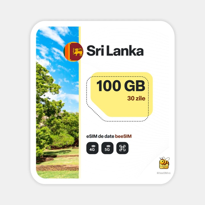 Cartela eSIM Internet, beeSIM, Sri Lanka, 100GB, 30 zile