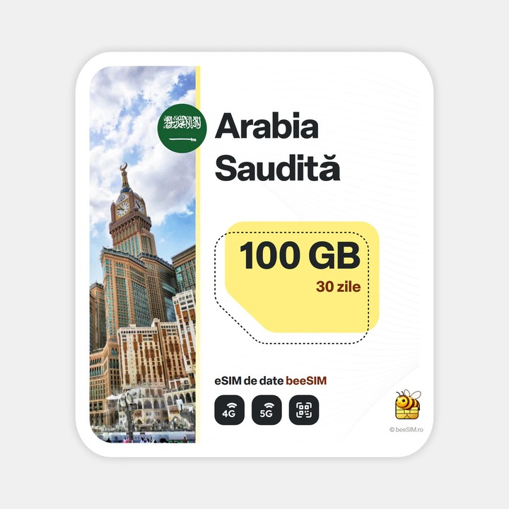 Cartela eSIM Internet, beeSIM, Arabia Saudita, 100GB, 30 zile