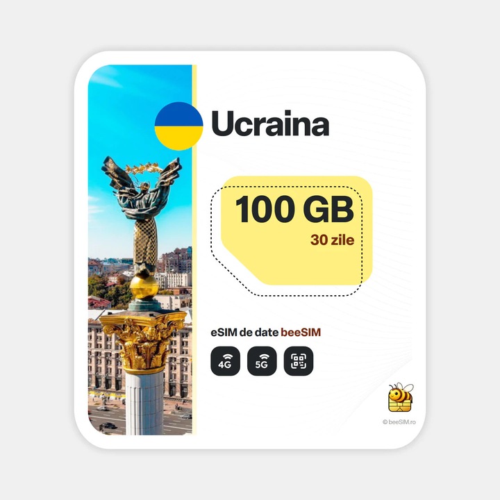 Cartela eSIM Internet, beeSIM, Ucraina, 100GB, 30 zile