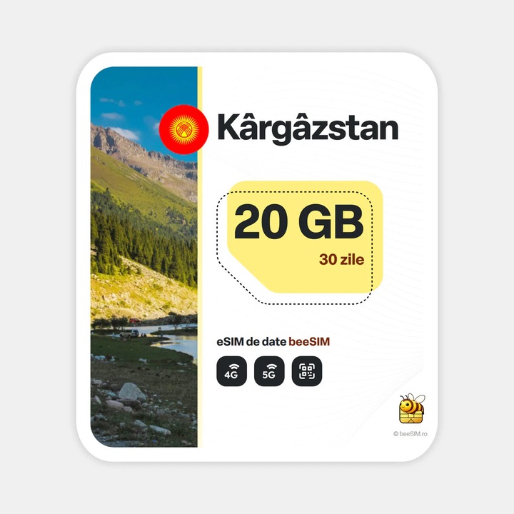Cartela eSIM Internet, beeSIM, Kargazstan, 20GB, 30 zile