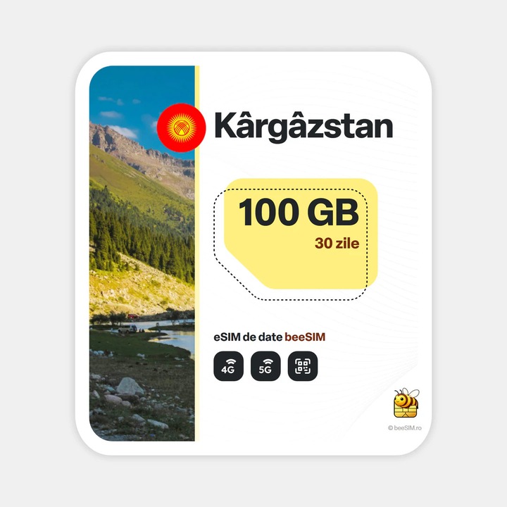 Cartela eSIM Internet, beeSIM, Kargazstan, 100GB, 30 zile