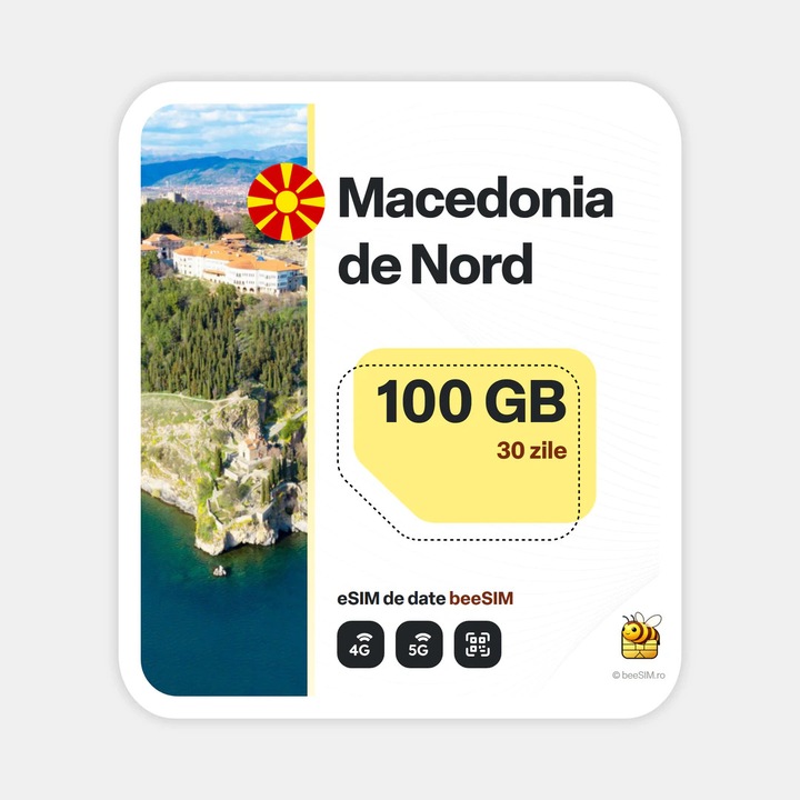 Cartela eSIM Internet, beeSIM, Macedonia de Nord, 100GB, 30 zile