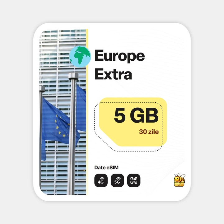 Cartela eSIM Internet, beeSIM, Europe Extra, 5GB, 30 zile