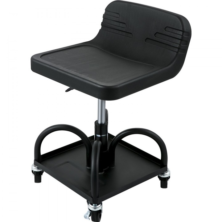 Scaun mobil pentru atelier, capacitate 136 kg, reglaj inaltime 40–52, 1 cm, rotire 360°, cu roti si tava pentru scule, negru