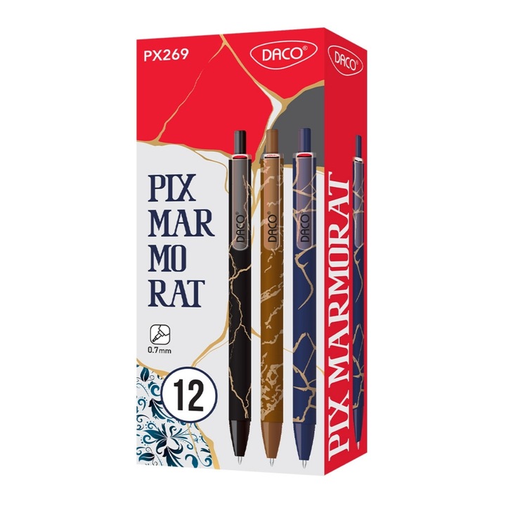 Set 12 pixuri cu gel pe baza de ulei Daco Marmorat PX269, 0.7 mm
