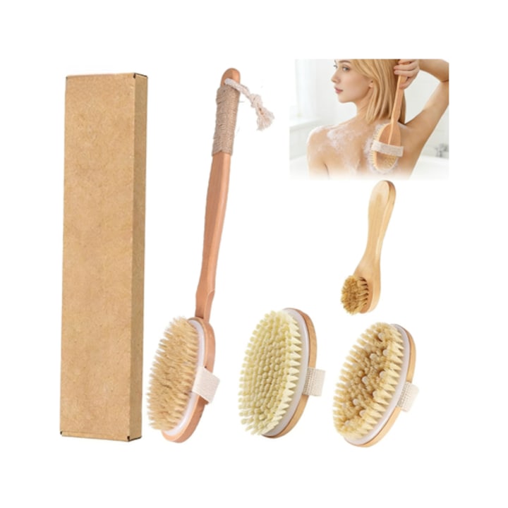 Set 4 perii de dus pentru spate, Perie de masaj, oein®, perie de uscat pentru corp, detasabila, cu maner lung, pentru piele uscata, exfoliere, curatare si drenaj limfatic, Lemn/Par de porc, Maro natural