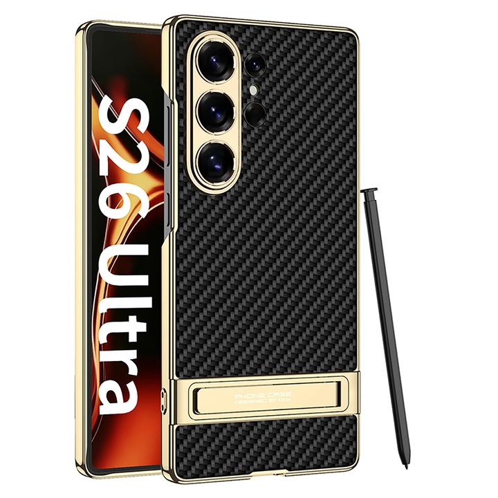 Husă pentru Samsung Galaxy S26 Ultra, AGORA Luxury Edition, Piele Ecologică Carbon, Suport Integrat