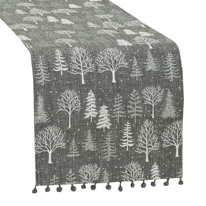 Karácsonyi Asztali Futó, Téli Varázslat, 24x90 cm, Szürke, Elegáns és Modern Dizájn, Ideális Nappaliba vagy Konyhába, Varázslatos Ünnepi Hangulatot Teremt, Tartós és Praktikus Anyag, Minőségi Ünnepi Dekoráció