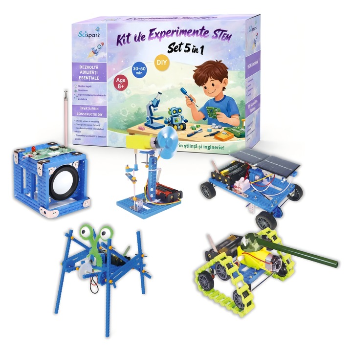 SciSpark Set 5 in 1 pentru experimente STEM, jucarii din caramizi, robot, solara, pentru copii 6+, Pachet B