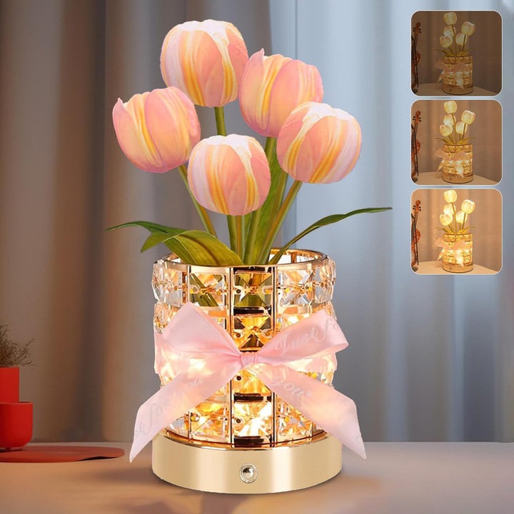 Lampa de flori Excitat@, Floarea Lalea, Reincarcabila, Fara fir, Reglabil in 3 culori, Decor pentru casa, Cadou pentru femei, mama, sotie, Aur