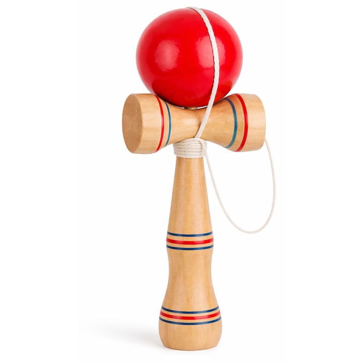Kendama japoneza din lemn, multicolor, 20x7x5.5 cm, joc de indemanare cu bila si cupe, antrenament reflexe, coordonare mana-ochi si concentrare, potrivita pentru copii 3+ si adulti
