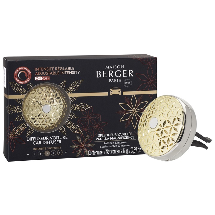 Set odorizant auto Maison Berger, difuzor metalic, rezervă ceramică Splendour Vanillee, 14x3, 3x9cm, vanilie