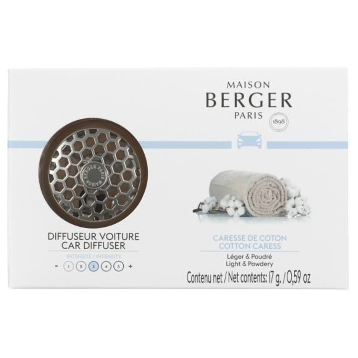 Set odorizant maşină Maison Berger Honey Comb, difuzor metalic, rezervă ceramică Caresse de Coton, 9x3, 33x14cm