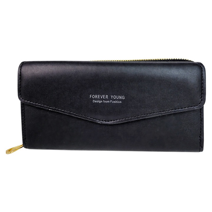 Portofel dama din piele ecologica, compartimentare multipla, negru, in cutie cadou, Velve