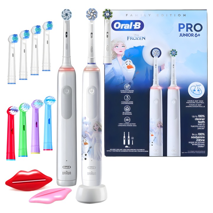 Szett, Elektromos fogkefe, Oral-B, Family Edition Pro 3 3000, Junior Frozen, Szett, 2 fogkefe, töltő, 3 fej, 4 cserefej, 4 gyermek cserefej, fogkrémnyomó eszközök