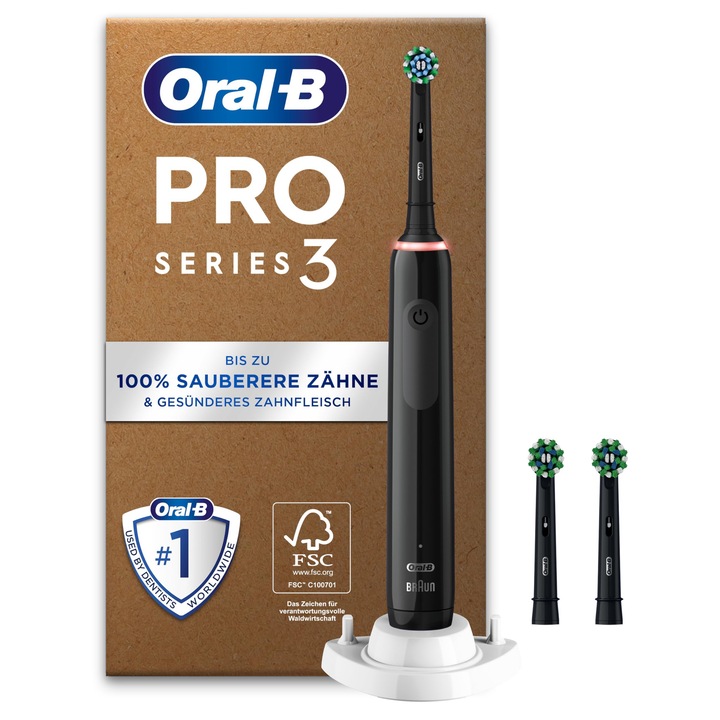 Periuta de dinti electrica Oral-B Pro Series 3, Periuta de dinti electrica, Incl. 3 capete de periaj, 3 moduri de periaj, periuta de dinti electrica, proiectata de Braun, negru