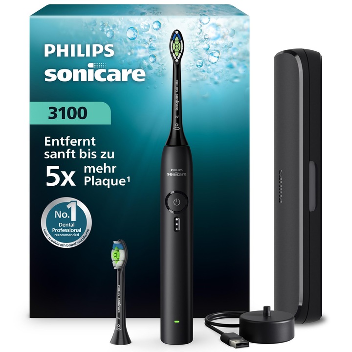 Periuta de dinti electrica Philips Sonicare Series 3000, Periuta de dinti sonica cu senzor de presiune, 3 niveluri de intensitate, EasyStart, SmarTimer, timp de functionare 14 zile, husa de calatorie, neagra, HX4034/22, [Nou]
