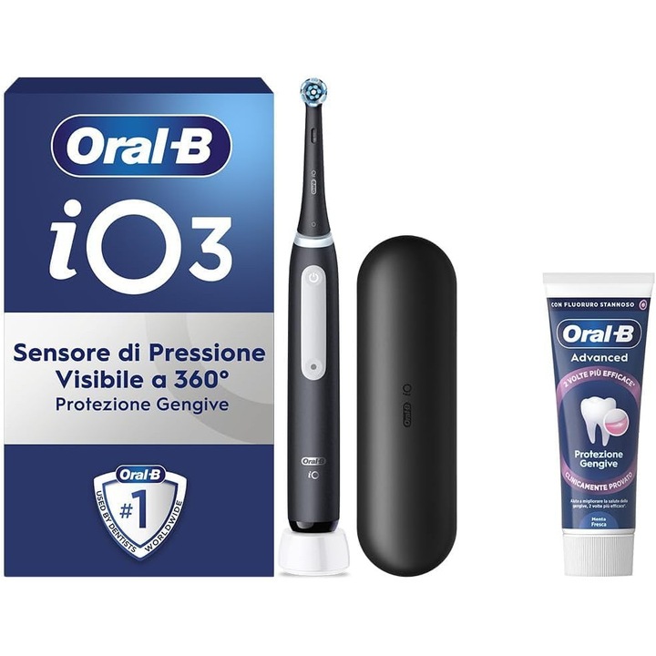 Periuta de dinti electrica reincarcabila Oral-B iO 3 neagra, 1 periuta de dinti electrica, 1 cap de schimb, husa de calatorie + pasta de dinti Protectie avansata a gingiilor, curatare eficienta a dintilor