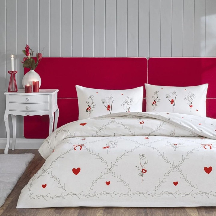 Lenjerie de pat dublu fosforescenta cu inimioare, bumbac 100% ranforce, 240x260 cm, 4 piese, TAC, Amoura