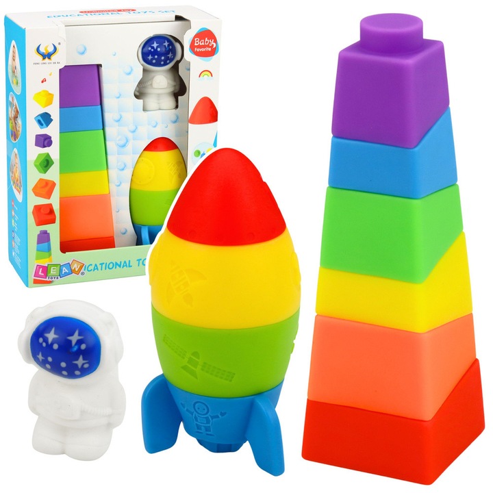 Set de blocuri din cauciuc colorate, LEAN Toys, 11 piese, forma de racheta, dezvoltare coordonare mana-ochi, sigure pentru copii.
