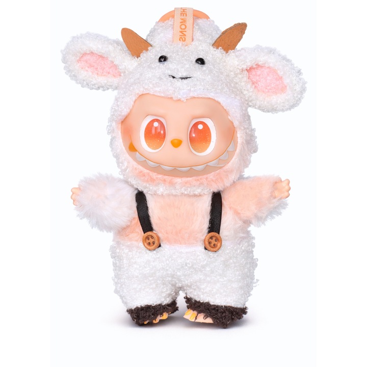 Jucarie de plus breloc - tip Labubu - 15 cm - imbracat in vacuta - portocaliu