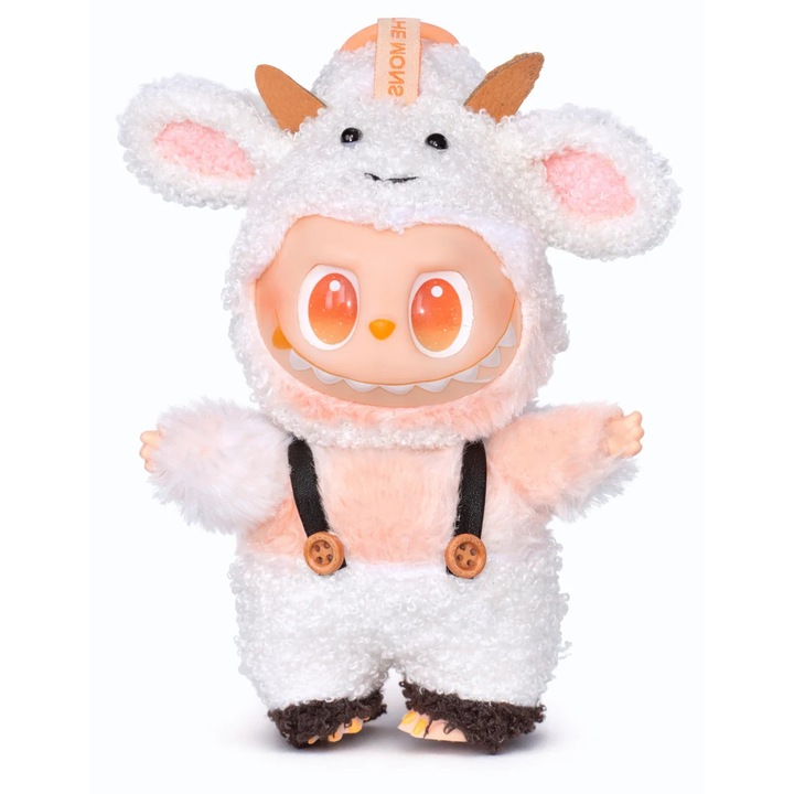 Jucarie de plus breloc - tip Labubu - 15 cm - imbracat in vacuta - portocaliu