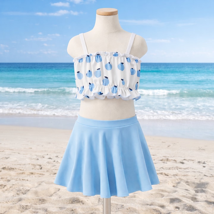 Costum de Baie din Doua Piese pentru Fete, Bikini Copii, cu Top Alb cu Imprimeu Albastru si Volanase Decorative, Fusta Albastru Deschis, Confortabil si Elastic, Ideal pentru Vacanta la Mare, Piscina, Plaja siAactivitati de Vara, 10–12 Ani, PriStyle®