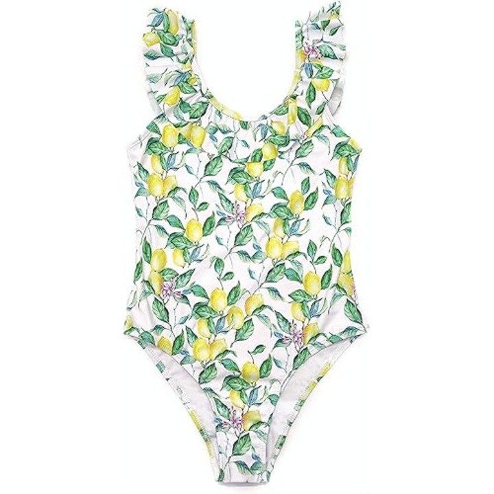 Costum de baie fete SHEKINI, intreg, volanase umeri, spate decupat, 6-8 ani, imprimeu floral cu lamai, culoare Alb si verde