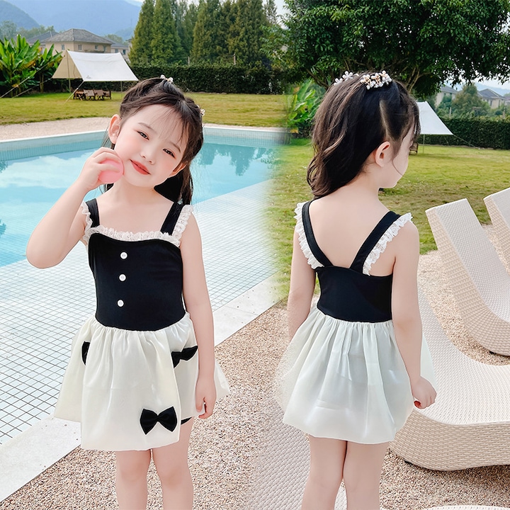 Costum de Baie pentru Copii, Tip Rochie, Stil Printesa cu Volanase Delicate si Fundite Decorative, Material Moale, Elastic si Confortabil, Perfect pentru Plaja, Piscina si Vacante de Vara, Design Modern si Elegant pentru Fete, 2–5 Ani, Negru, PriStyle®